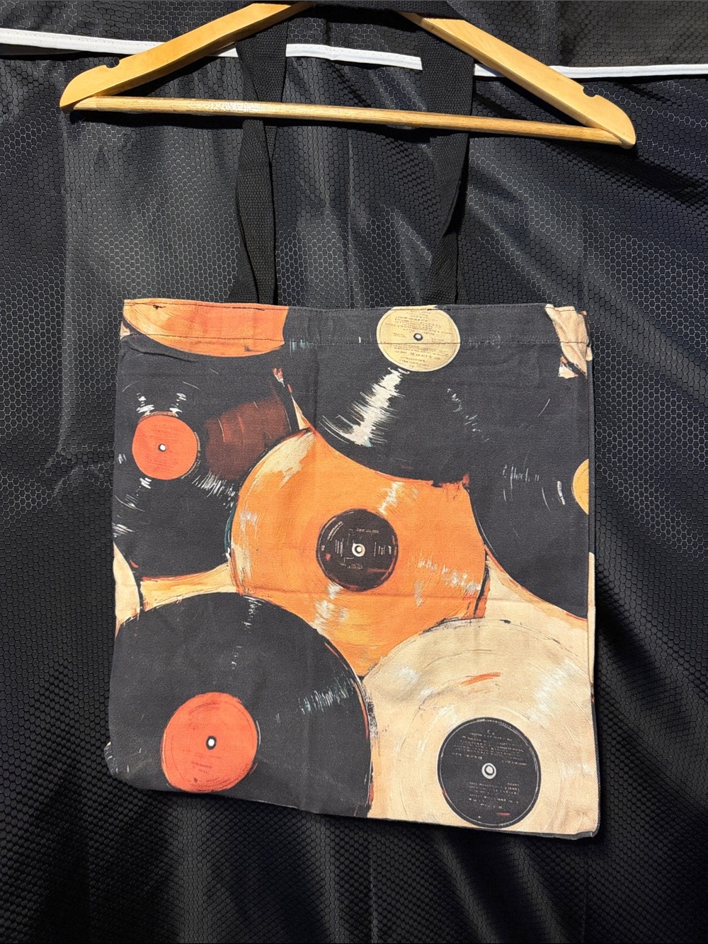 Vinyl Record Print Canvas Tote Bag in Black and Orange